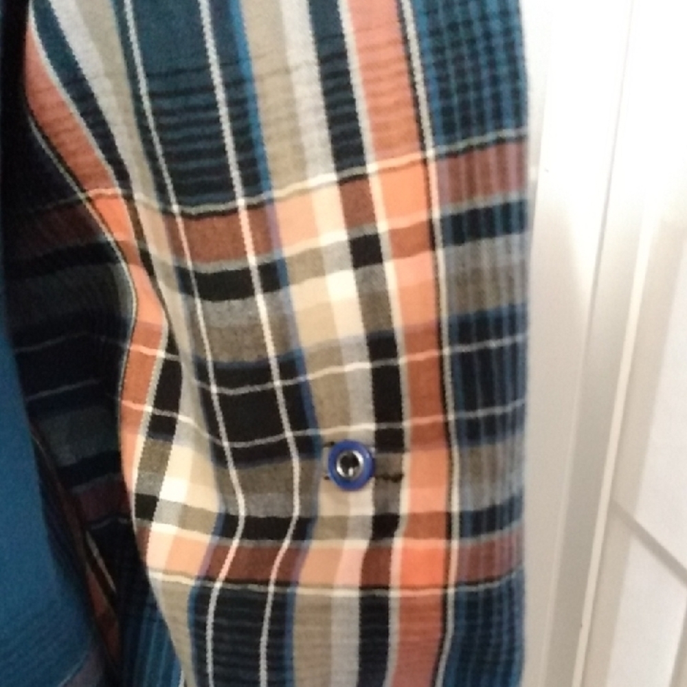 Allison Daley WMNS Blue & Peach Plaid Button-Up Flannel Shirt - Roll Tab Sleeves - Picture 6 of 12